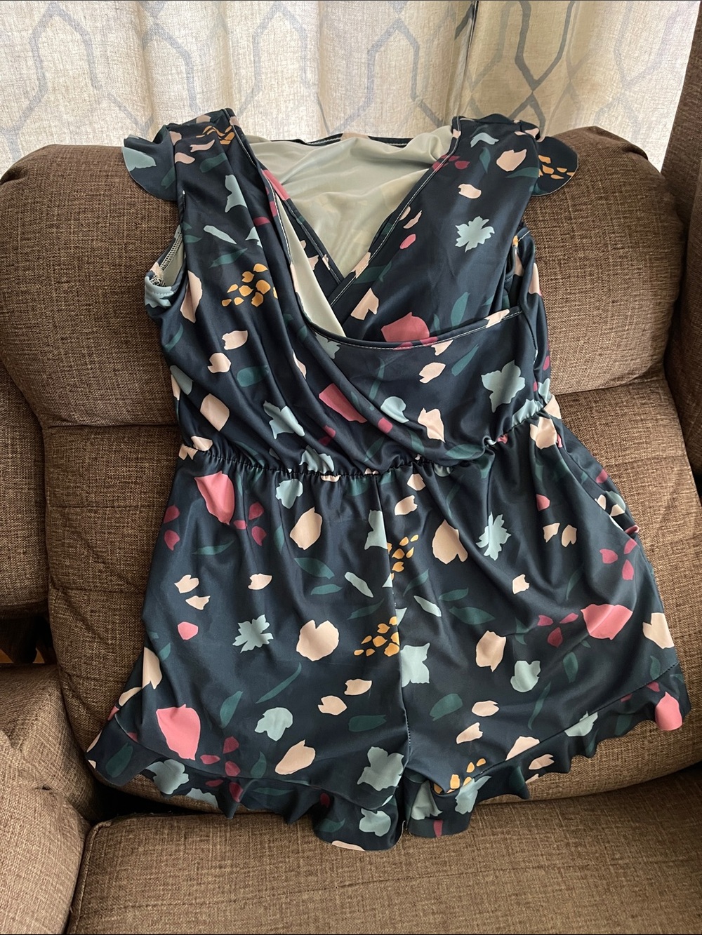 Navy Floral Wrap Romper/swim suit with Pink and Mint, blue and yellow Accents